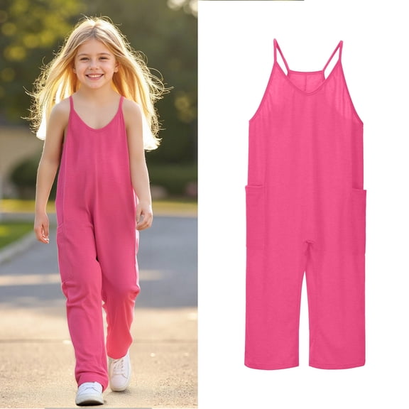 Girls Jumpsuit Sleeveless Hot Pink Overalls with Side Pockets Cute Summer Clothes Cute Clothes for Girls 4-5 Years Girls Fashion
