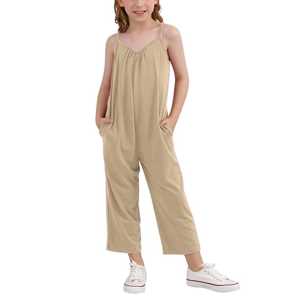 Girls Jumpsuit Sleeveless Plain Color Overalls Loose Overalls Rompers Long Pants with Pockets Teen Clothes for Tween Girls 10-11 Years