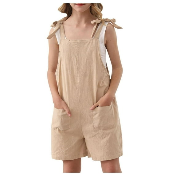 Girls Jumpsuit Casual Sleeveless Plain Color Overalls Spaghetti Strap Loose Overalls Rompers Short Pants with Pockets Tween Jumpsuit for Kids 5-6 Years