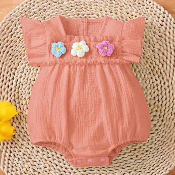 Girls Jumpsuit Sleeveless Square Neck Floral Print Ruffle Ruched Lightweight Romper for Daily Wear Girls Rompers Pink 6 Months-9 Months