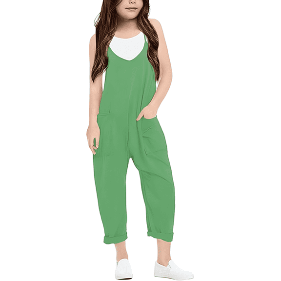 Girls Overall Sleeveless Rompers for Girls Casual V Neck Strap Overalls with Side Pockets Cute Outfits for Girls 7-8 Y