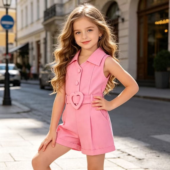 Girls Jumpsuit Solid Print Lapel Neck Sleeveless Buttoned Lightweight Romper for Casual Girls Rompers Pink 4 Years-5 Years