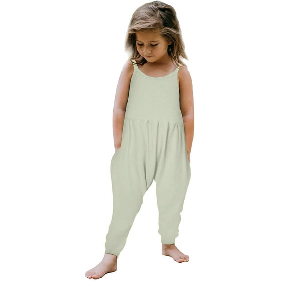 Girls Jumpsuit Summer Backless Solid Color Suspenders Overalls with Pockets Loose Fit Jumpsuit Size 2 Y-3 Y