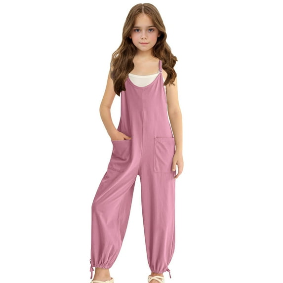 Girls Jumpsuits Casual Sleeveless Jumpsuit Drawstring Romper Toddler Overalls Girls with Pockets School Girl Outfit Girls 11-12 Years