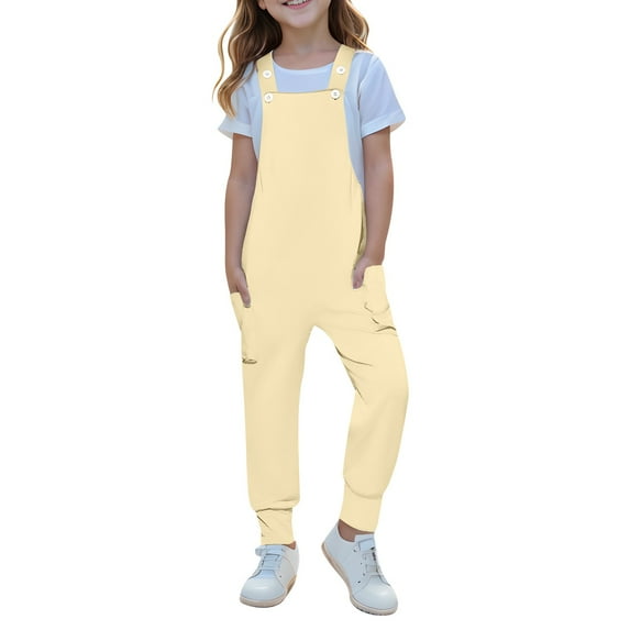 Girls Jumpsuits Overalls Adjustable Strap Racerback Jumpsuit with Pocket Cinch Bottom Casual Fall Spring Outfits, Khaki, 9 Years