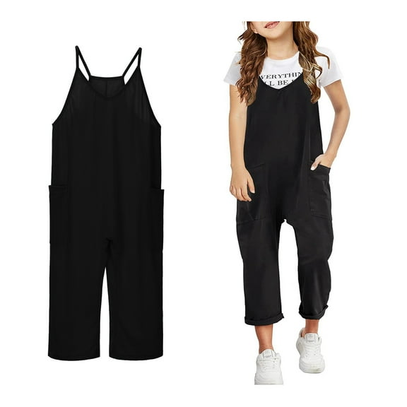 Girls Jumpsuits Overalls Black Overalls with Side Pockets Toddler Girl Summer Clothes Girls Clothing Size 6-7 Years Girls Fashion