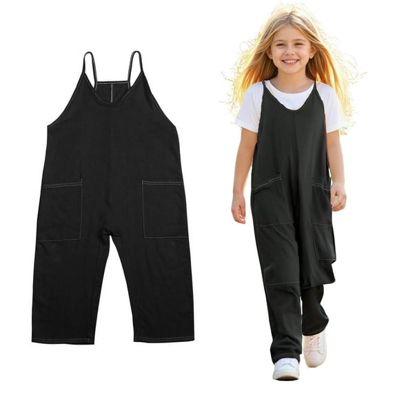 Girls Jumpsuits Overalls Black with Pockets Summer Outfits for Girls Kids Clothes Girls Size 8-9 Years Girls Fashion