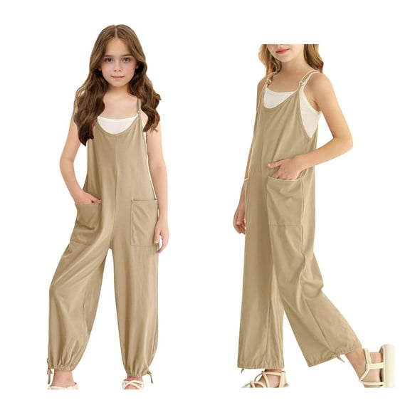 Girls Jumpsuits Overalls Khaki Overalls with Side Pockets Girls Summer Outfits Kids Clothes Girls Size 11-12 Years Girls Fashion