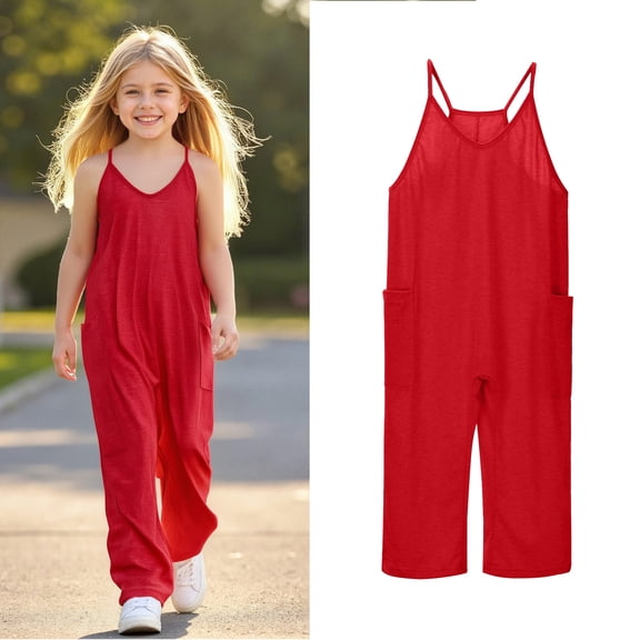 Girls Jumpsuits Overalls Red Overalls with Side Pockets Girls Summer Outfits Cute Clothes for Girls 6-7 Years Girls Fashion