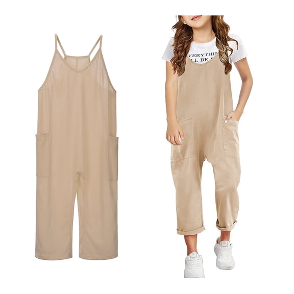 Girls' Jumpsuits Rompers Khaki with Pockets Toddler Girl Summer Clothes Preppy Clothes 12-13 Years Girls Fashion