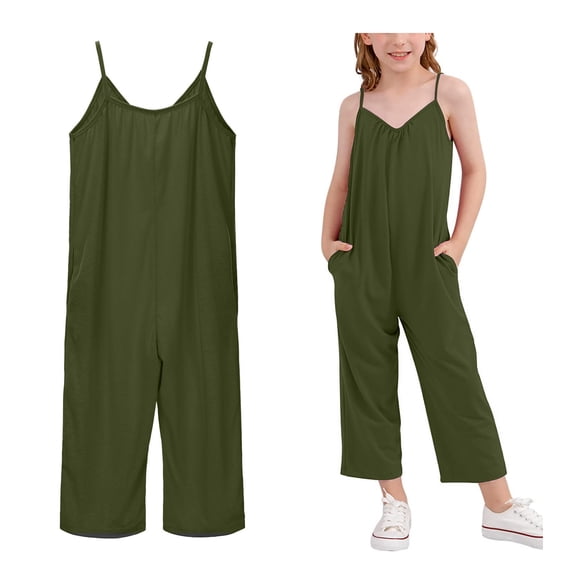 Girls' Jumpsuits & Rompers Spaghetti Strap Sleeveless Loose Overalls Long Pants with Pockets Girls 10-11 Years Clothes