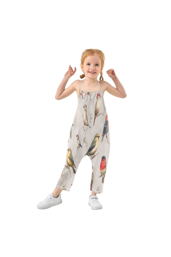 Girls' Jumpsuits Rompers Summer Casual Sleeveless Rompers With Pockets Spaghetti Strap Romper Birds Pattern 6T