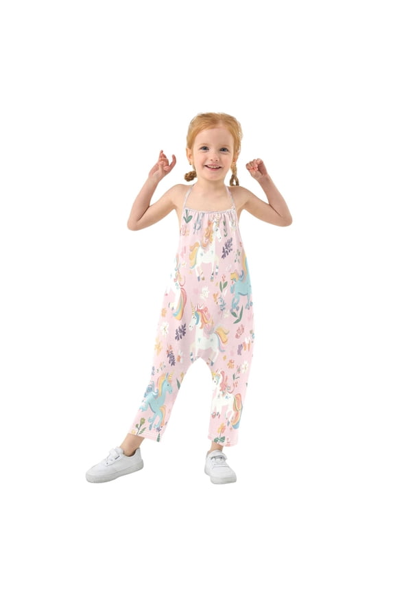 Girls' Jumpsuits Rompers Summer Casual Sleeveless Rompers With Pockets Spaghetti Strap Romper Cartoon Unicorns Pattern 6T