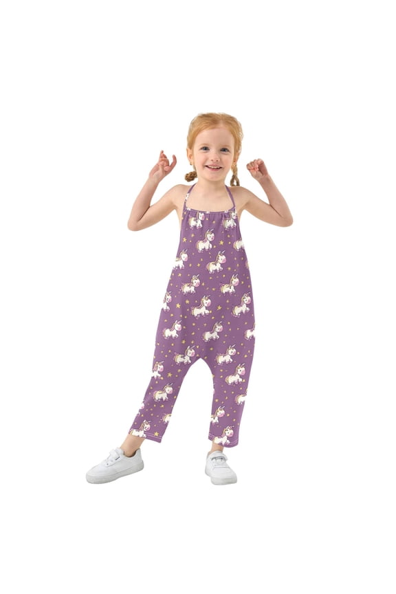 Girls' Jumpsuits Rompers Summer Casual Sleeveless Rompers With Pockets Spaghetti Strap Romper Cartoon Unicorns and Stars 2T