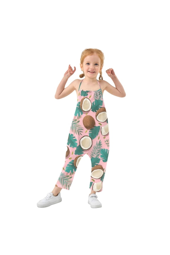 Girls' Jumpsuits Rompers Summer Casual Sleeveless Rompers With Pockets Spaghetti Strap Romper Coconuts and Palm Leaves Pattern 6T