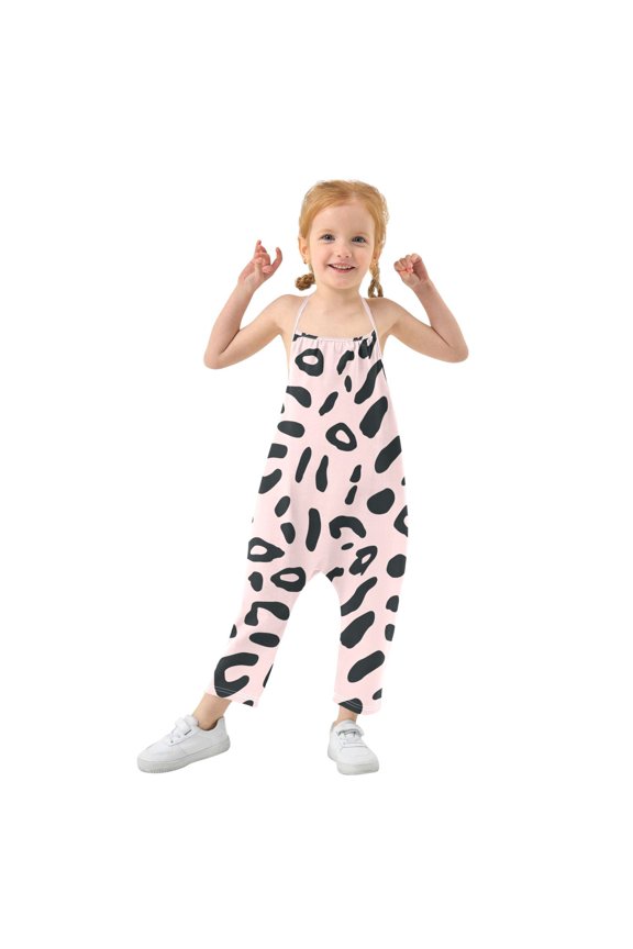 Girls' Jumpsuits Rompers Summer Casual Sleeveless Rompers With Pockets Spaghetti Strap Romper Creamy Pink Leopard Print 6T