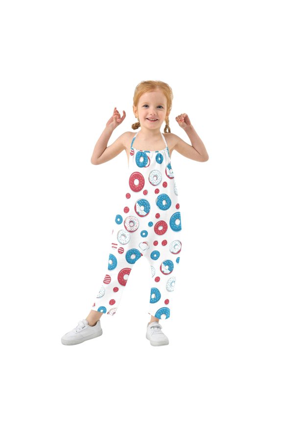 Girls' Jumpsuits Rompers Summer Casual Sleeveless Rompers With Pockets Spaghetti Strap Romper Cute Doughnuts Pattern 6T