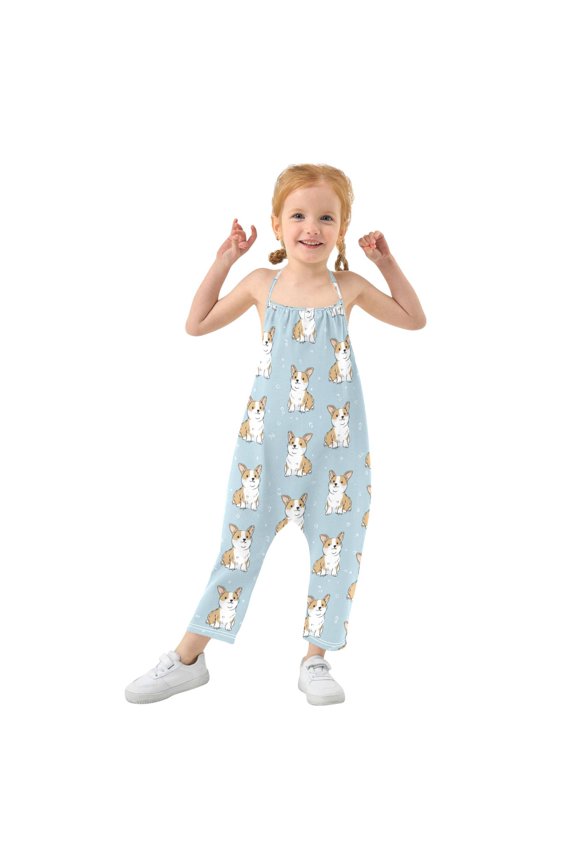 Girls' Jumpsuits Rompers Summer Casual Sleeveless Rompers With Pockets Spaghetti Strap Romper Cute Little Dog Pattern 6T