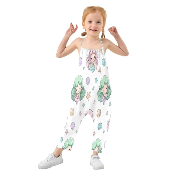 Girls' Jumpsuits Rompers Summer Casual Sleeveless Rompers With Pockets Spaghetti Strap Romper Cute Mermaid Pattern 2T