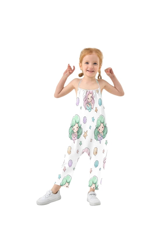 Girls' Jumpsuits Rompers Summer Casual Sleeveless Rompers With Pockets Spaghetti Strap Romper Cute Mermaid Pattern 5T