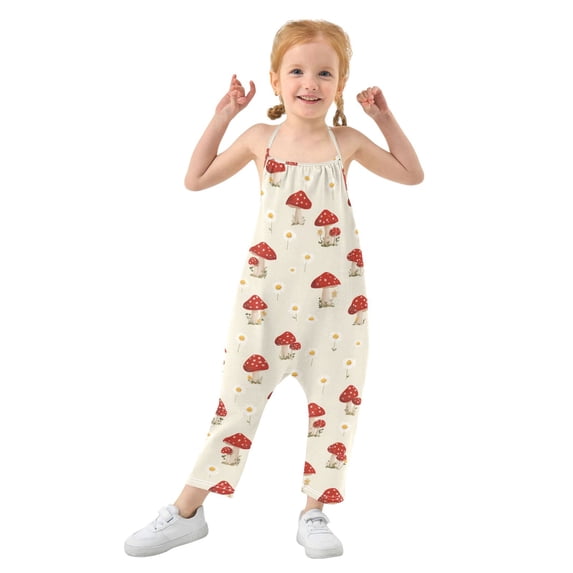 Girls' Jumpsuits Rompers Summer Casual Sleeveless Rompers With Pockets Spaghetti Strap Romper Cute Mushroom Pattern with Daisies 6T