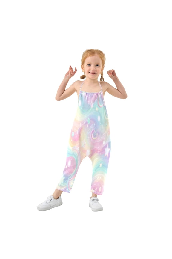 Girls' Jumpsuits Rompers Summer Casual Sleeveless Rompers With Pockets Spaghetti Strap Romper Cute Pastel Rainbow Background 4T