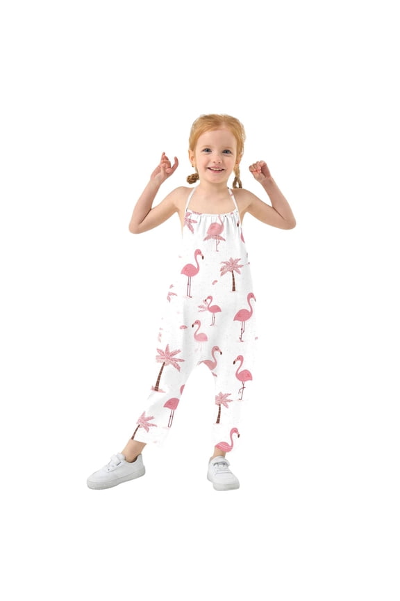 Girls' Jumpsuits Rompers Summer Casual Sleeveless Rompers With Pockets Spaghetti Strap Romper Cute Pink Flamingos and Palm Trees 6T