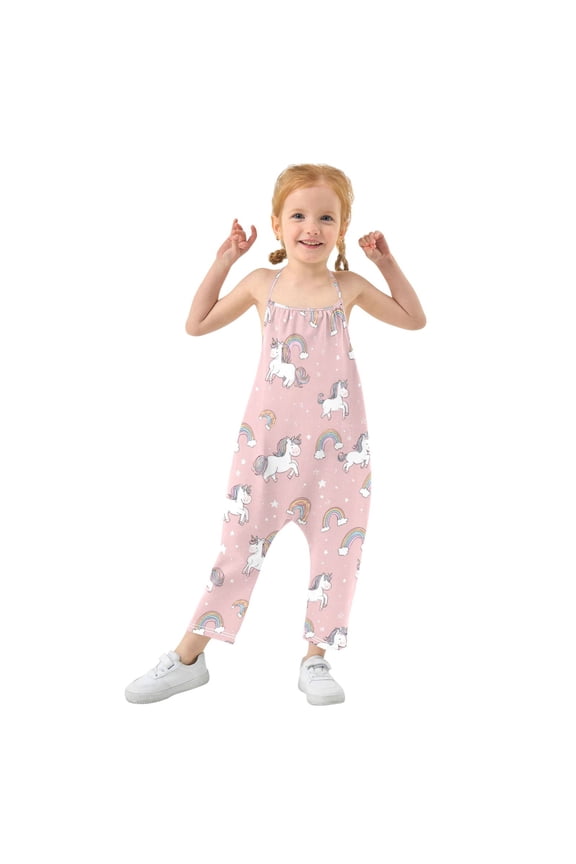 Girls' Jumpsuits Rompers Summer Casual Sleeveless Rompers With Pockets Spaghetti Strap Romper Cute Unicorn Pattern 2T