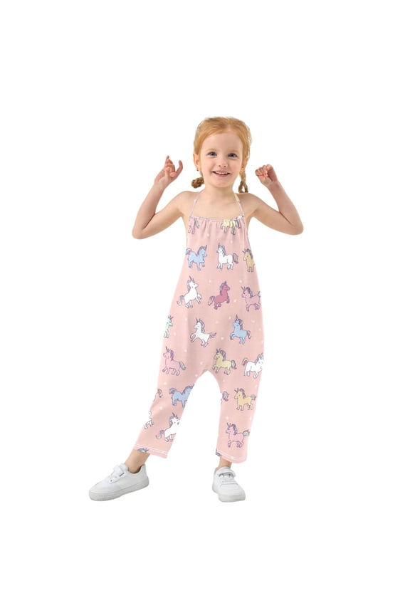 Girls' Jumpsuits Rompers Summer Casual Sleeveless Rompers With Pockets Spaghetti Strap Romper Cute Various Poses Unicorns 6T