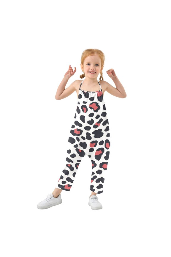 Girls' Jumpsuits Rompers Summer Casual Sleeveless Rompers With Pockets Spaghetti Strap Romper Dark Red Leopard Print 6T