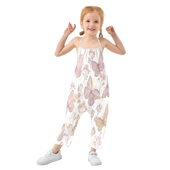 Girls' Jumpsuits Rompers Summer Casual Sleeveless Rompers With Pockets Spaghetti Strap Romper Delicate Butterflies and Flowers 5T