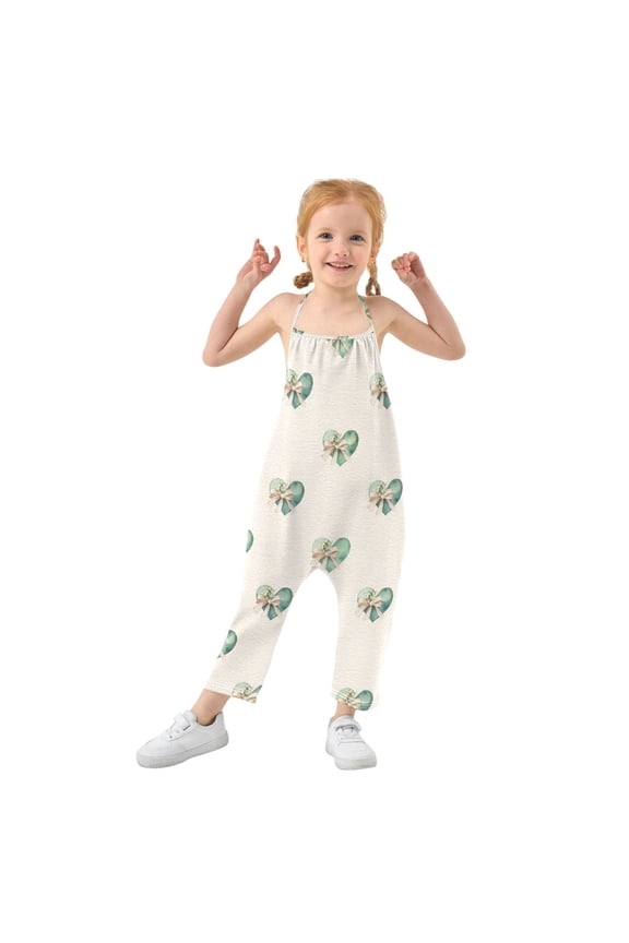 Girls' Jumpsuits Rompers Summer Casual Sleeveless Rompers With Pockets Spaghetti Strap Romper Emerald Green Hearts Pattern 4T
