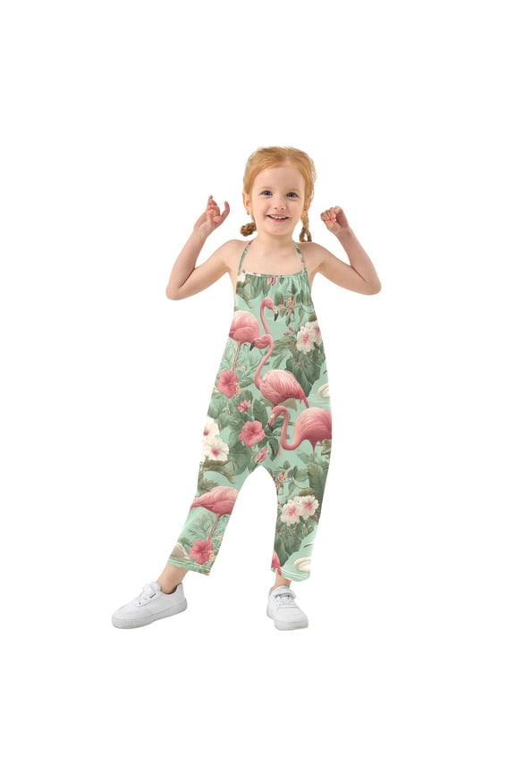 Girls' Jumpsuits Rompers Summer Casual Sleeveless Rompers With Pockets Spaghetti Strap Romper Flamingo Tropical Leaves Pattern 2T