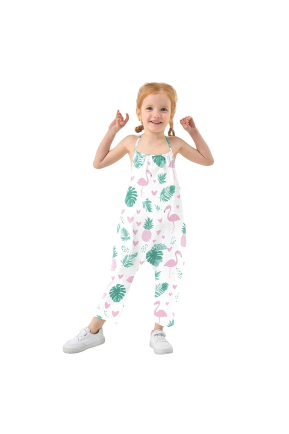 Girls' Jumpsuits Rompers Summer Casual Sleeveless Rompers With Pockets Spaghetti Strap Romper Flamingo and Palm Leaves 6T