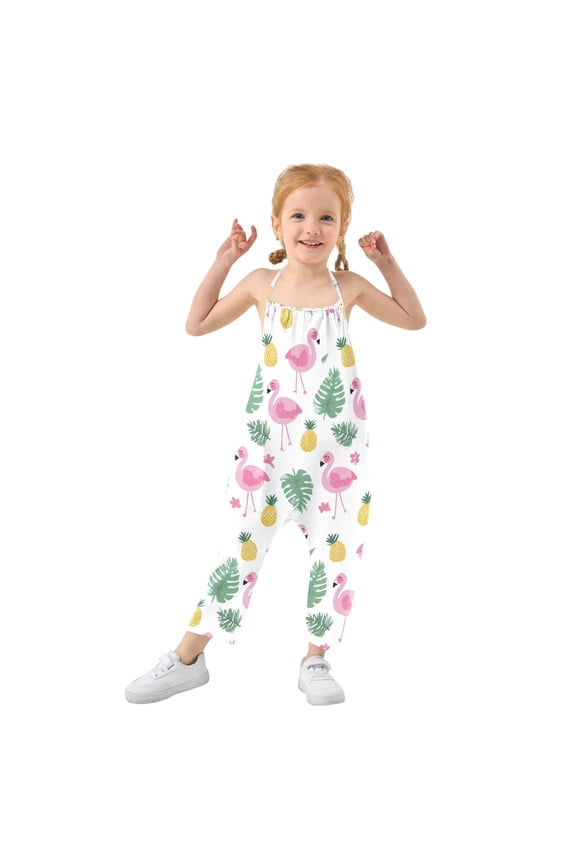 Girls' Jumpsuits Rompers Summer Casual Sleeveless Rompers With Pockets Spaghetti Strap Romper Flamingo and Pineapple Pattern 1T