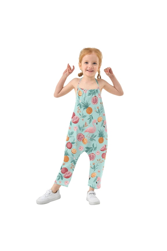 Girls' Jumpsuits Rompers Summer Casual Sleeveless Rompers With Pockets Spaghetti Strap Romper Flamingos and Pomegranates Pattern 1T