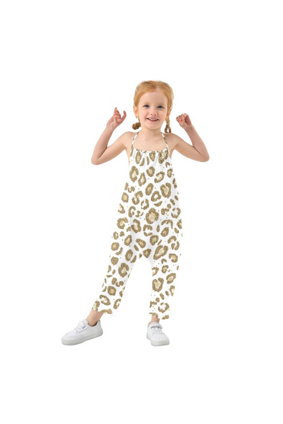 Girls' Jumpsuits Rompers Summer Casual Sleeveless Rompers With Pockets Spaghetti Strap Romper Gold Leopard Print Pattern 6T