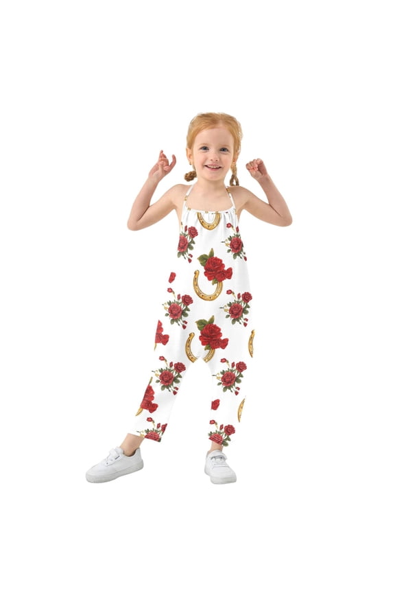 Girls' Jumpsuits Rompers Summer Casual Sleeveless Rompers With Pockets Spaghetti Strap Romper Horseshoe Pattern with Red Roses 2T