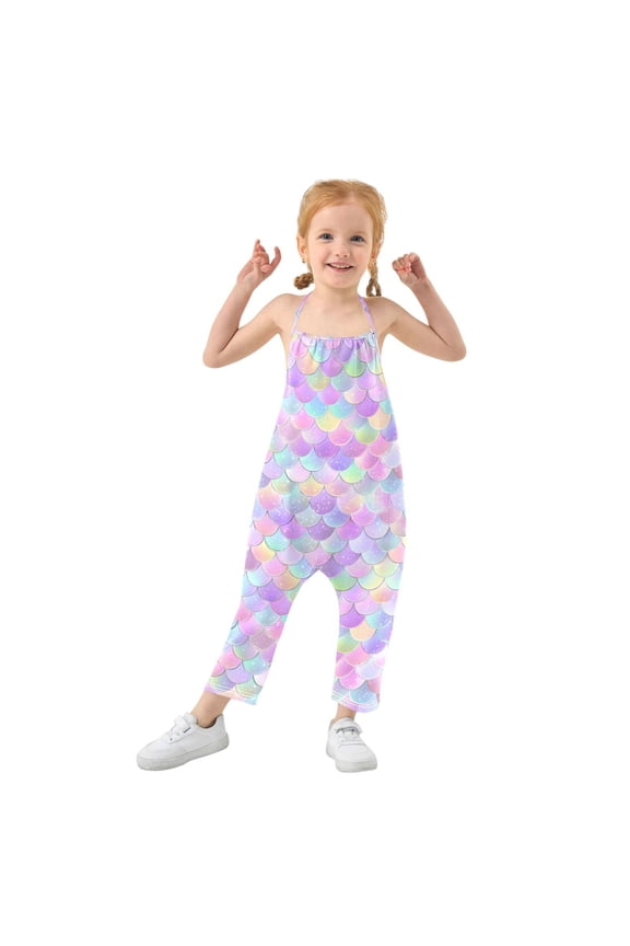 Girls' Jumpsuits Rompers Summer Casual Sleeveless Rompers With Pockets Spaghetti Strap Romper Mermaid Scale Pattern 5T