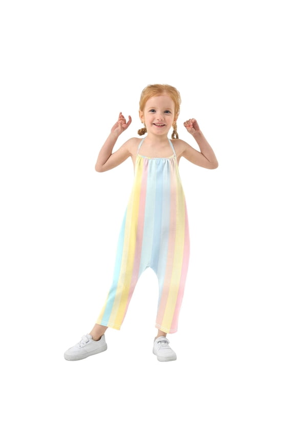 Girls' Jumpsuits Rompers Summer Casual Sleeveless Rompers With Pockets Spaghetti Strap Romper Pastel Background with Stripes 6T