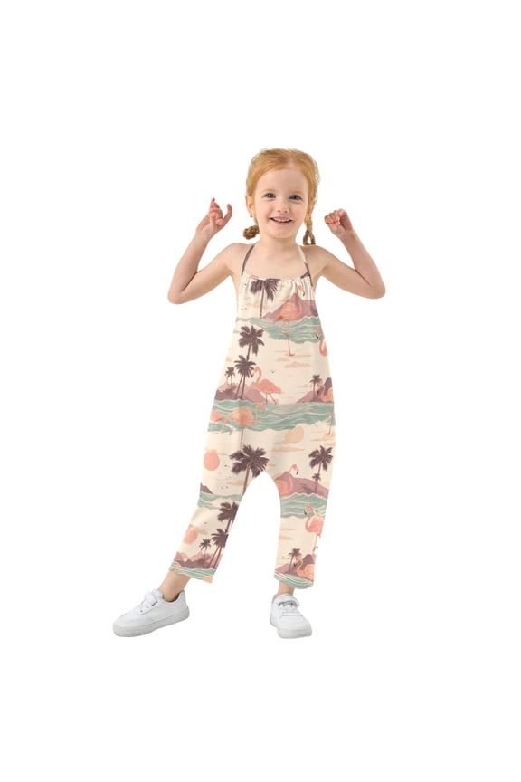 Girls' Jumpsuits Rompers Summer Casual Sleeveless Rompers With Pockets Spaghetti Strap Romper Pastel Peach Flamingos 6T