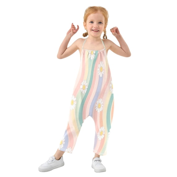 Girls' Jumpsuits Rompers Summer Casual Sleeveless Rompers With Pockets Spaghetti Strap Romper Pastel Rainbow Colors Pattern 2T