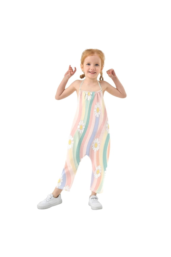 Girls' Jumpsuits Rompers Summer Casual Sleeveless Rompers With Pockets Spaghetti Strap Romper Pastel Rainbow Colors Pattern 3T