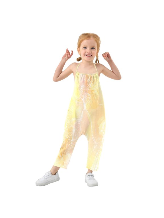 Girls' Jumpsuits Rompers Summer Casual Sleeveless Rompers With Pockets Spaghetti Strap Romper Pastel Yellow Floral Elements 1T