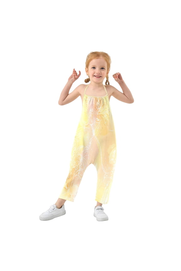 Girls' Jumpsuits Rompers Summer Casual Sleeveless Rompers With Pockets Spaghetti Strap Romper Pastel Yellow Floral Elements 6T