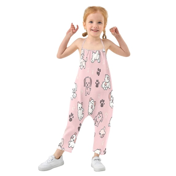 Girls' Jumpsuits Rompers Summer Casual Sleeveless Rompers With Pockets Spaghetti Strap Romper Pink Cartoon Puppy Pattern 2T