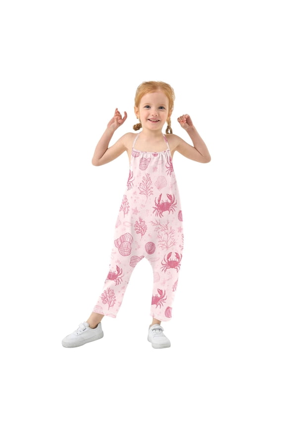 Girls' Jumpsuits Rompers Summer Casual Sleeveless Rompers With Pockets Spaghetti Strap Romper Pink Line Art Sea Life Pattern 2T
