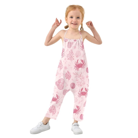 Girls' Jumpsuits Rompers Summer Casual Sleeveless Rompers With Pockets Spaghetti Strap Romper Pink Line Art Sea Life Pattern 6T