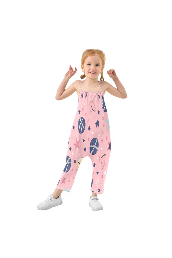 Girls' Jumpsuits Rompers Summer Casual Sleeveless Rompers With Pockets Spaghetti Strap Romper Pink Sports Elements 3T