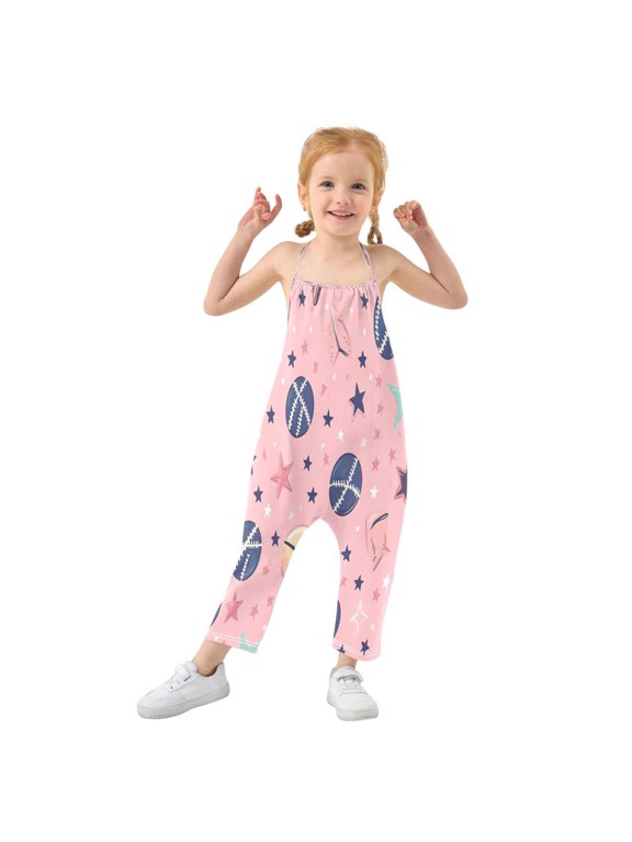Girls' Jumpsuits Rompers Summer Casual Sleeveless Rompers With Pockets Spaghetti Strap Romper Pink Sports Elements 5T